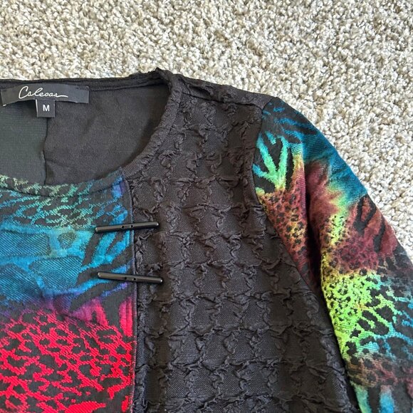 Caleoa Women's Sz M Multicolor Animal Print & Black Textured Asymmetrical Tunic - Picture 5 of 9